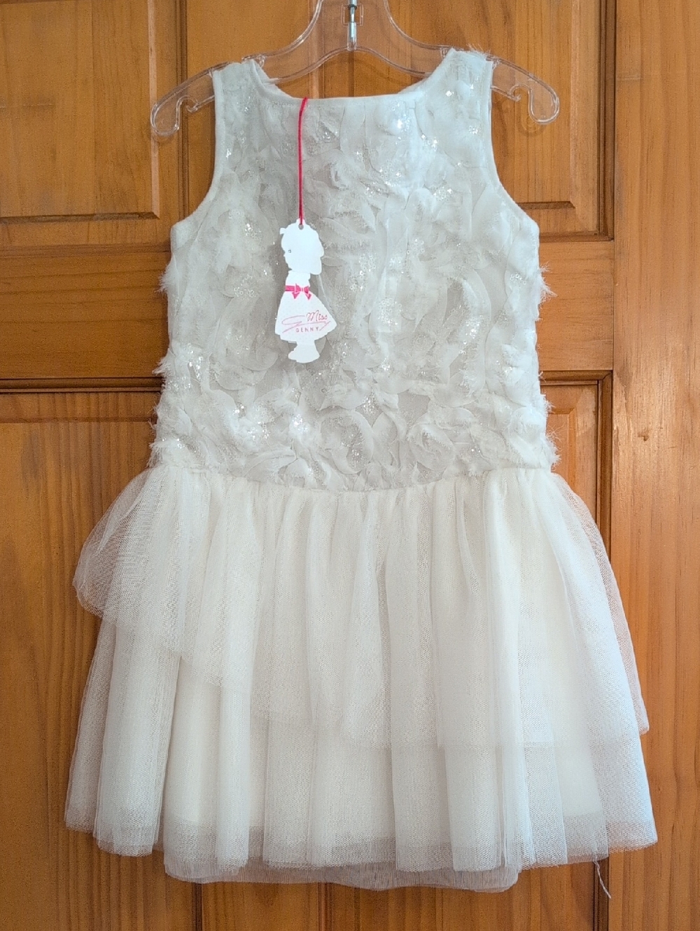 Girls Cream Tulle Flower Appliqué Party Dress